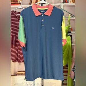 NWOT-Crown & Ivy Men's Blue Polo with Colorful Sleeves